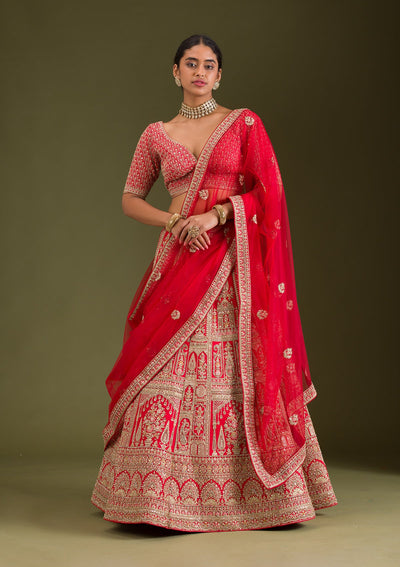 Red Zariwork Silk Readymade Lehenga-Koskii