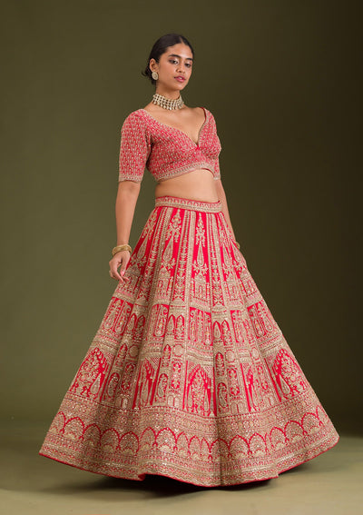 Red Zariwork Silk Readymade Lehenga-Koskii