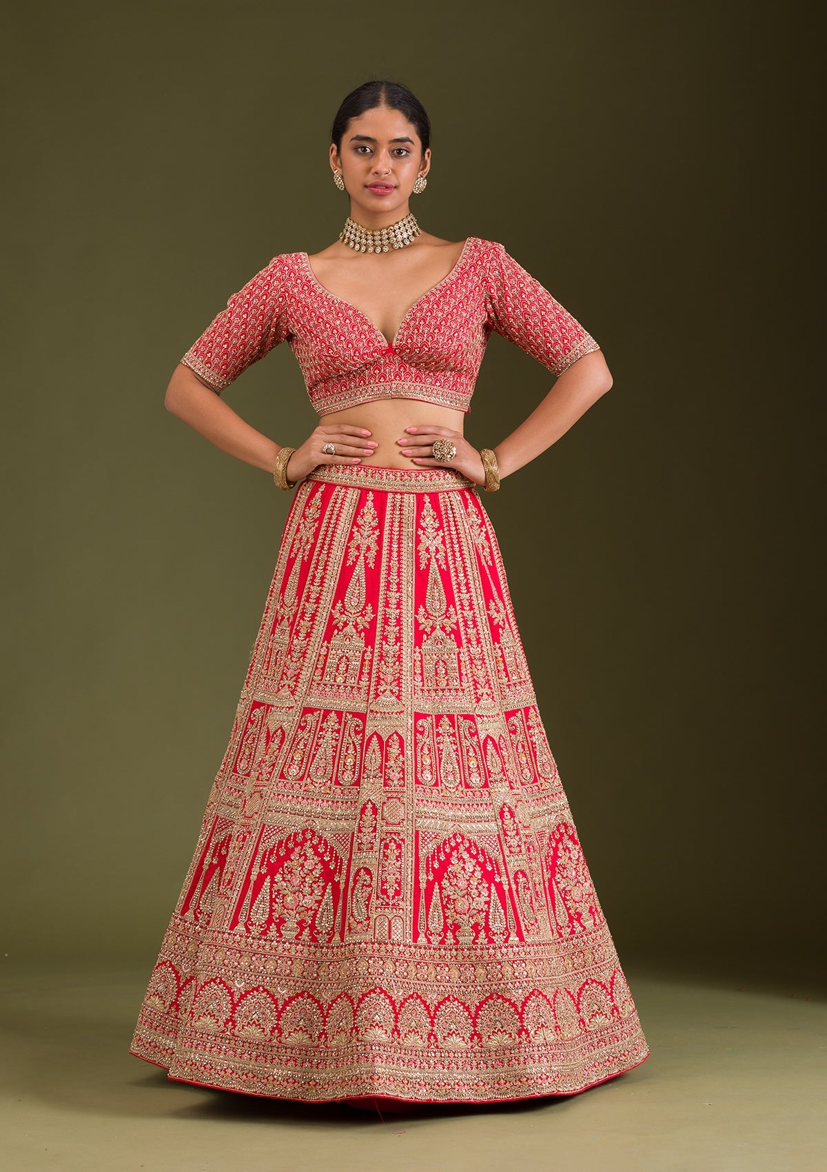 Red Zariwork Silk Readymade Lehenga-Koskii