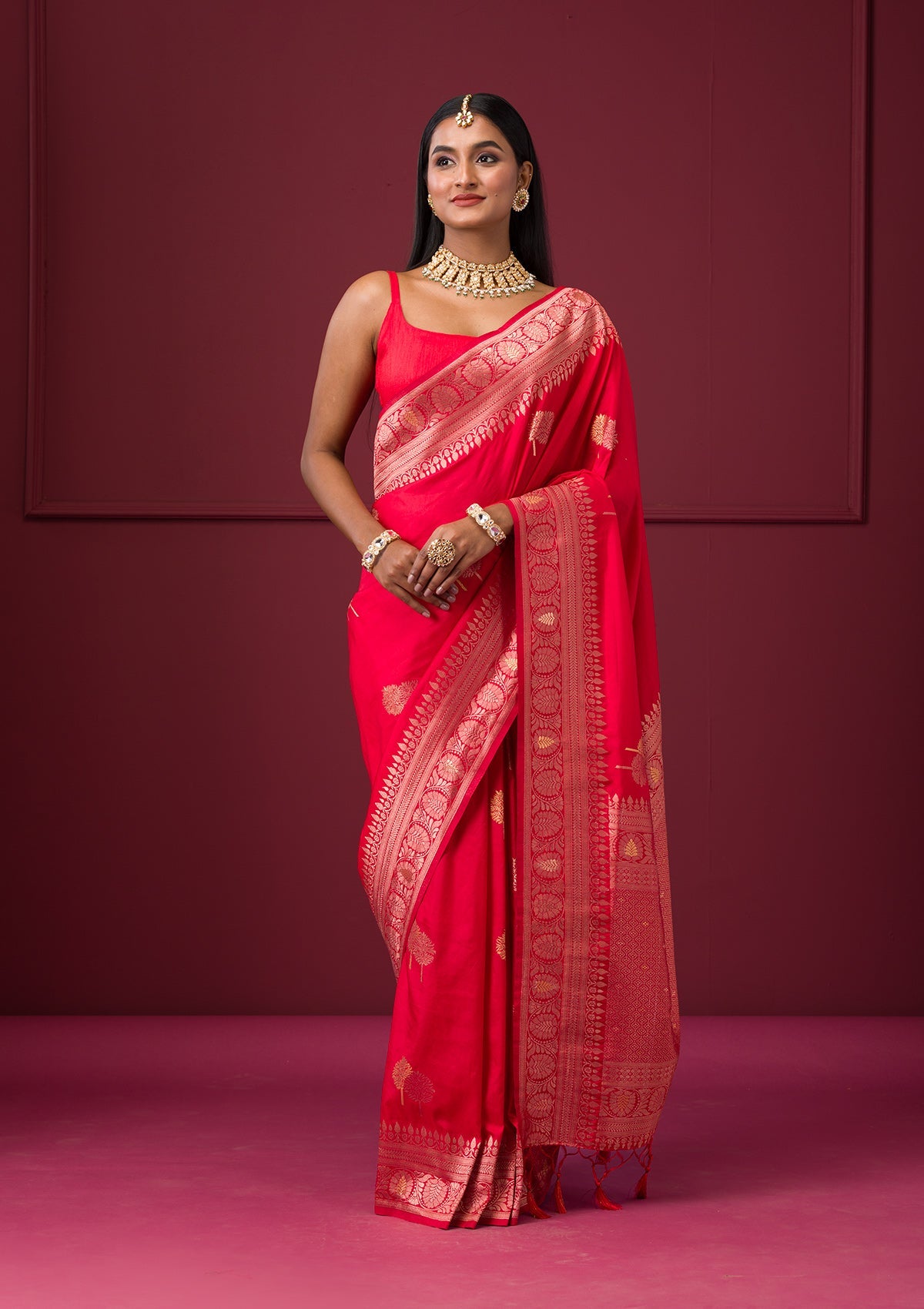 Red Zariwork Soft Silk Saree-Koskii