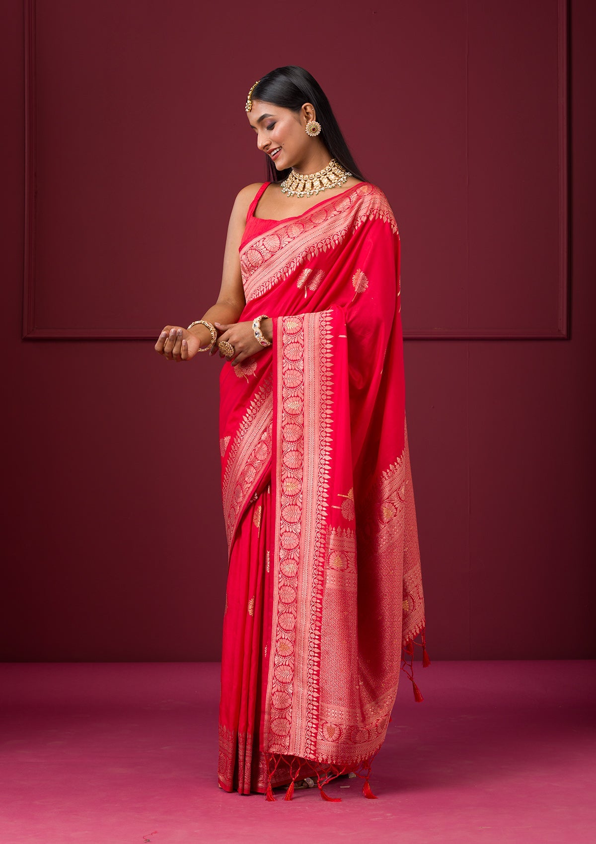 Red Zariwork Soft Silk Saree-Koskii