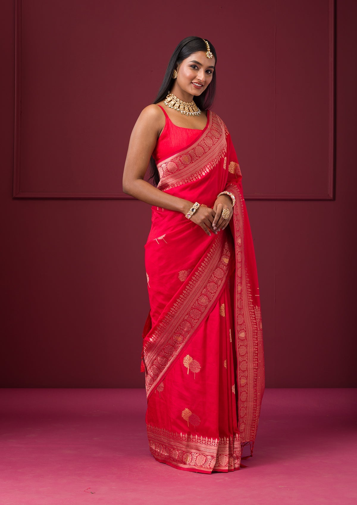 Red Zariwork Soft Silk Saree-Koskii