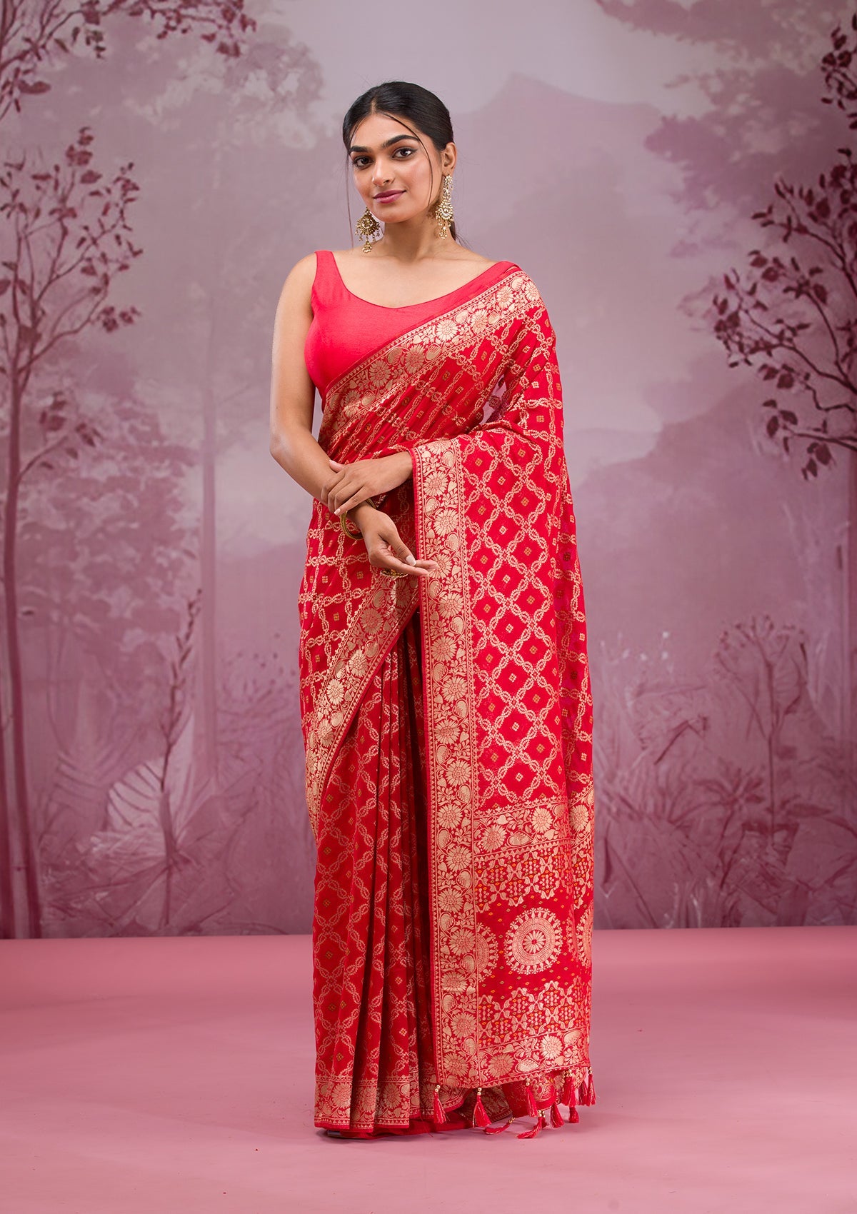 Red Zariwork Soft Silk Saree-Koskii