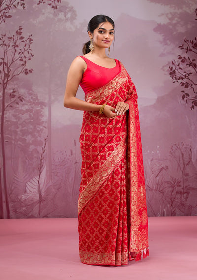 Red Zariwork Soft Silk Saree-Koskii