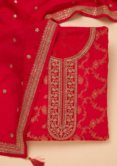 Red Zariwork Tissue Unstitched Salwar Suit