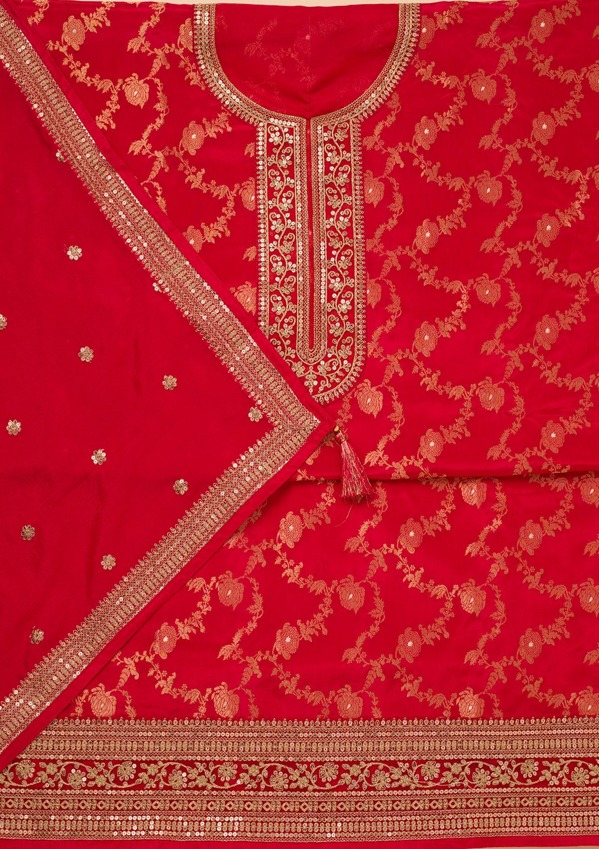 Red Zariwork Tissue Unstitched Salwar Suit