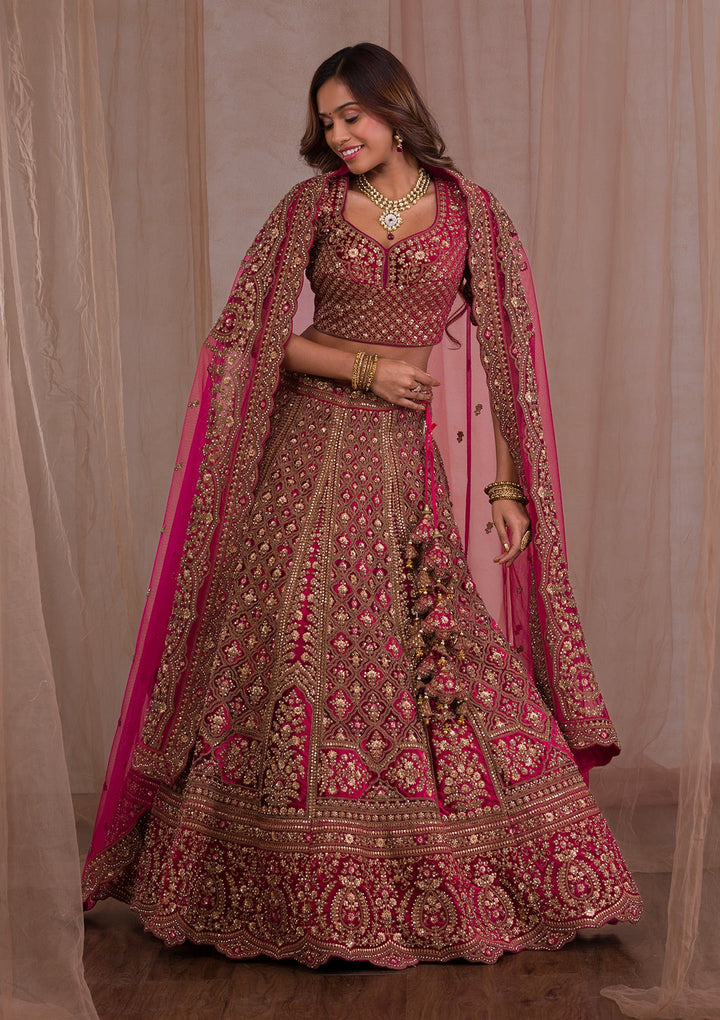 Red Zariwork Velvet Readymade Lehenga-Koskii