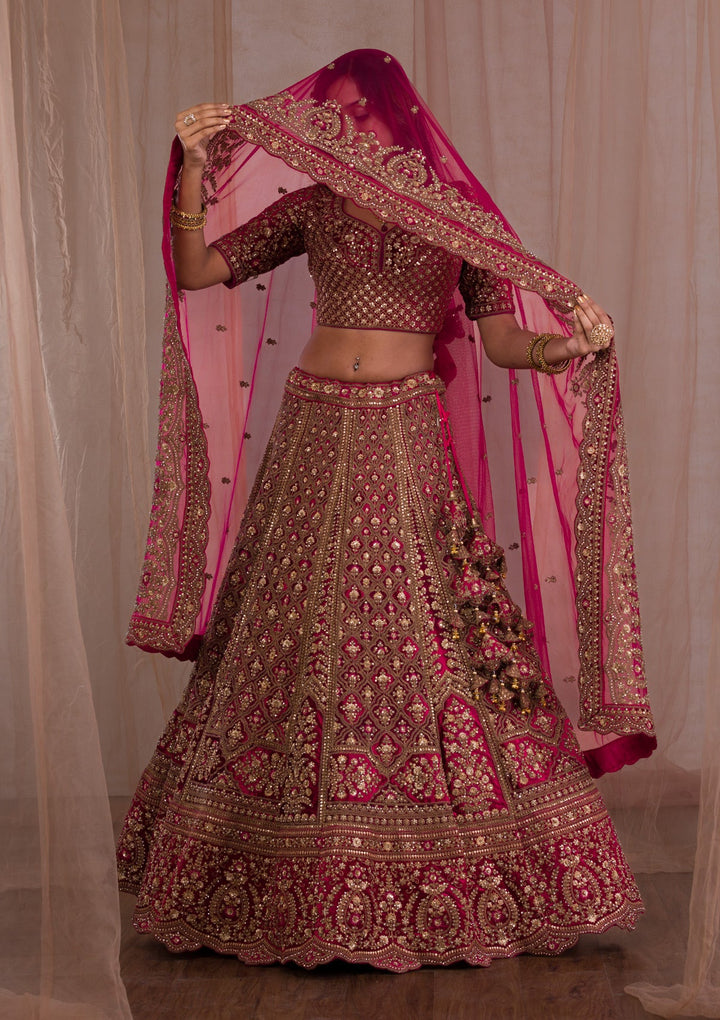 Red Zariwork Velvet Readymade Lehenga-Koskii