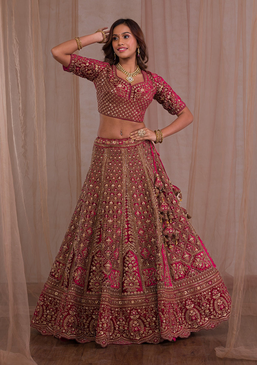 Red Zariwork Velvet Readymade Lehenga-Koskii