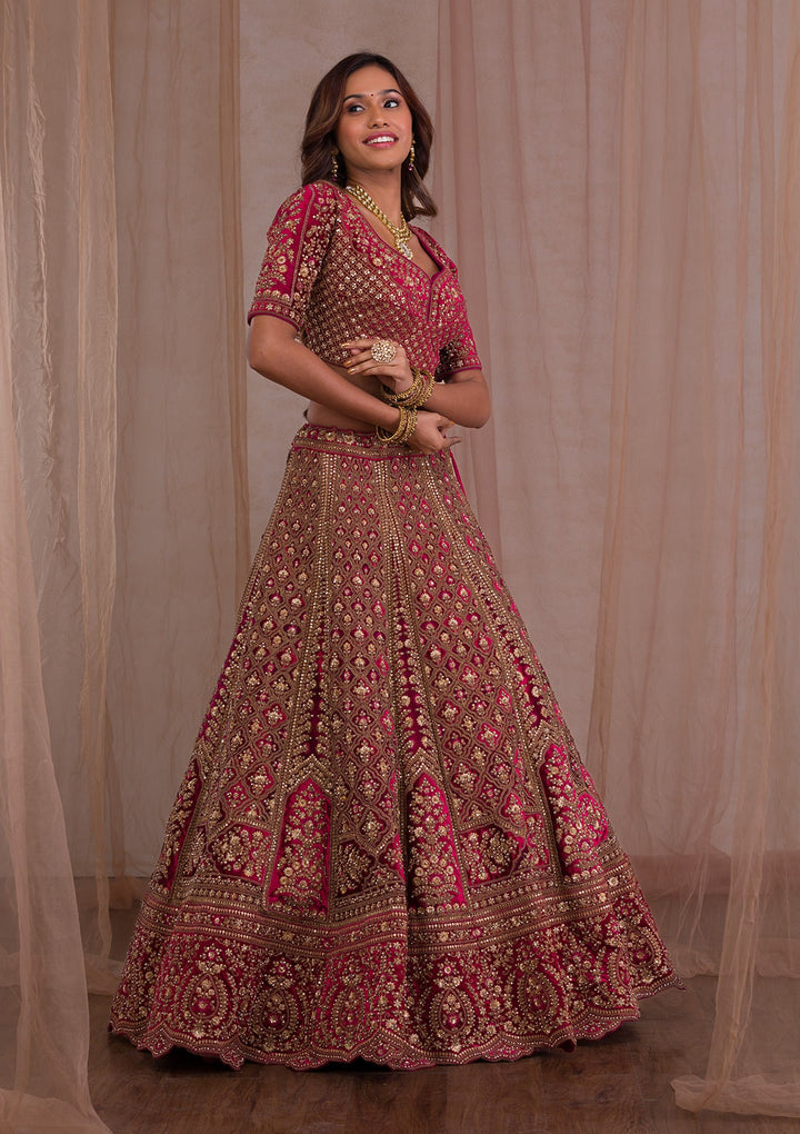 Red Zariwork Velvet Readymade Lehenga-Koskii