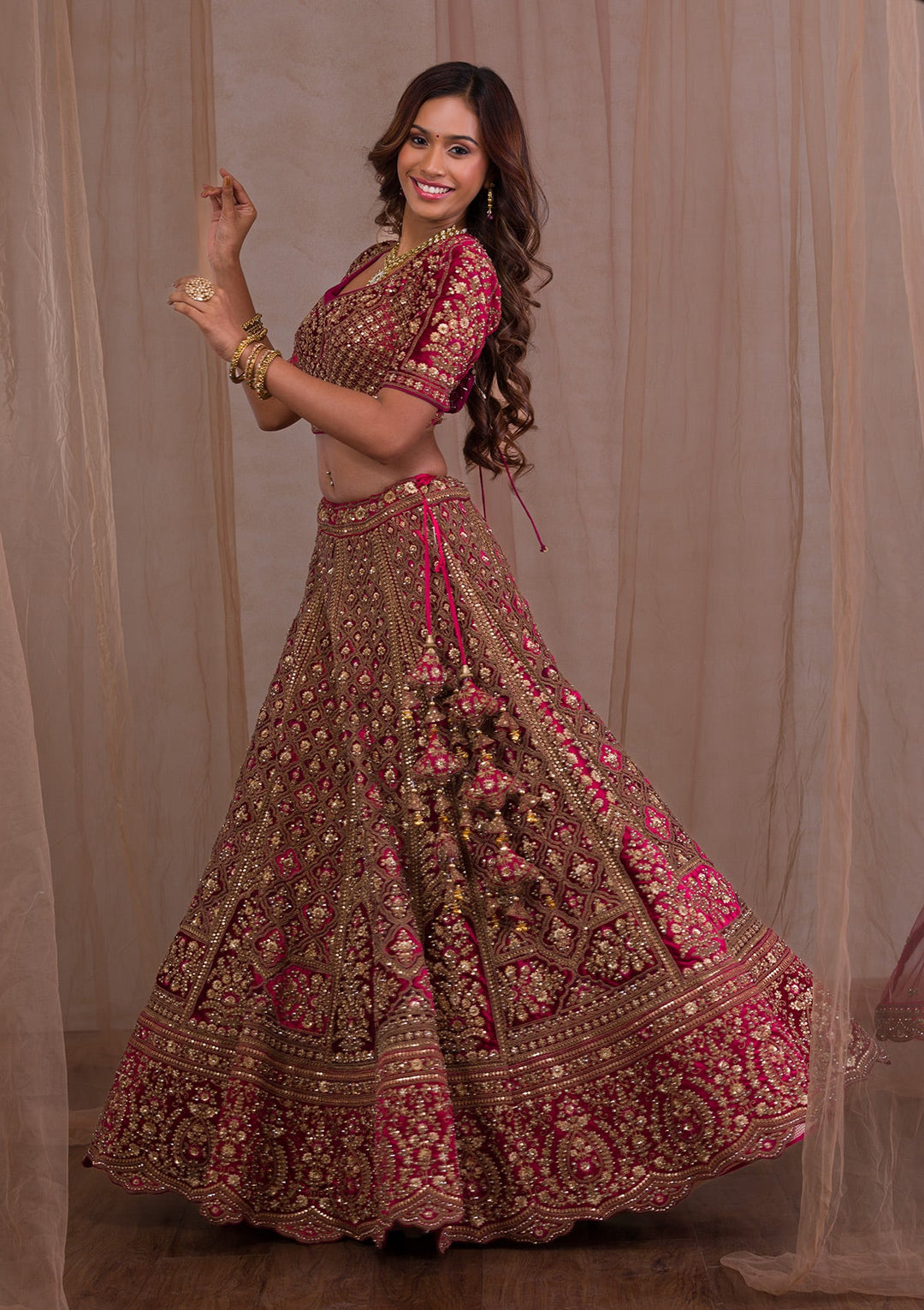 Red Zariwork Velvet Readymade Lehenga-Koskii