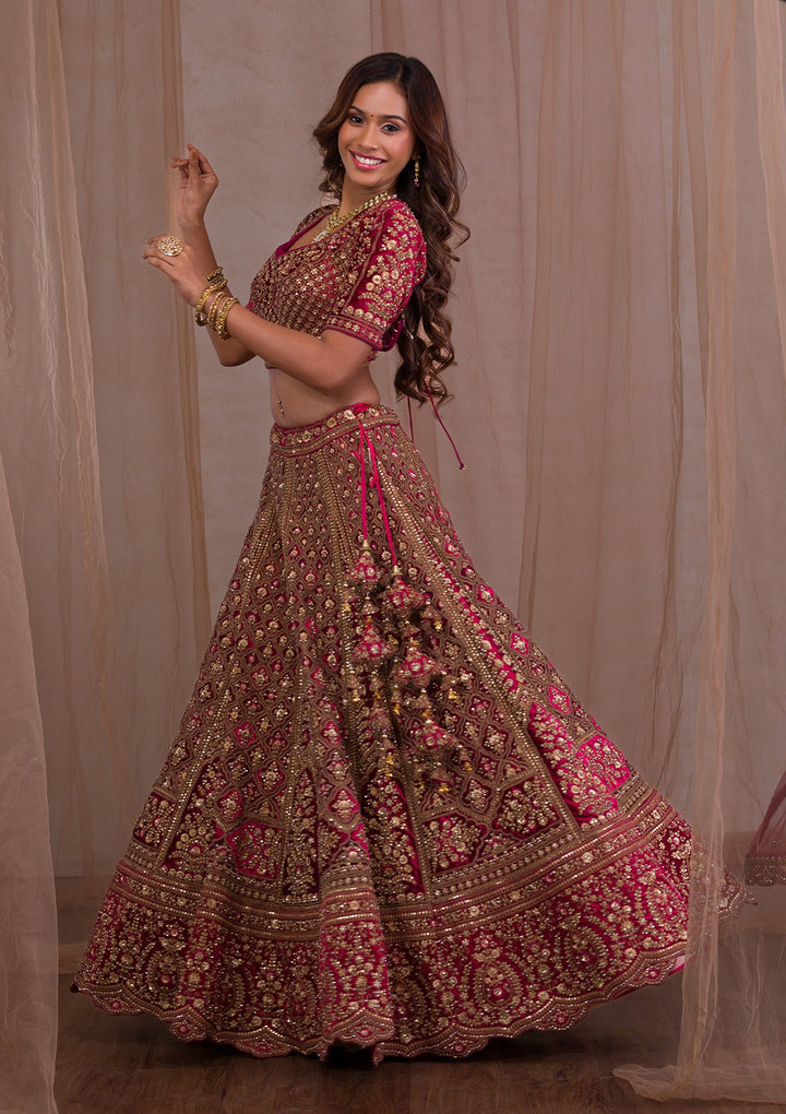 Red Zariwork Velvet Readymade Lehenga-Koskii