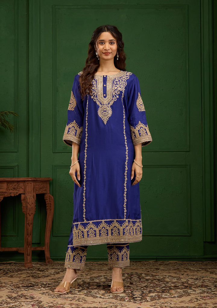 Royal Blue Zariwork Semi Crepe Readymade Salwar Suit-Koskii