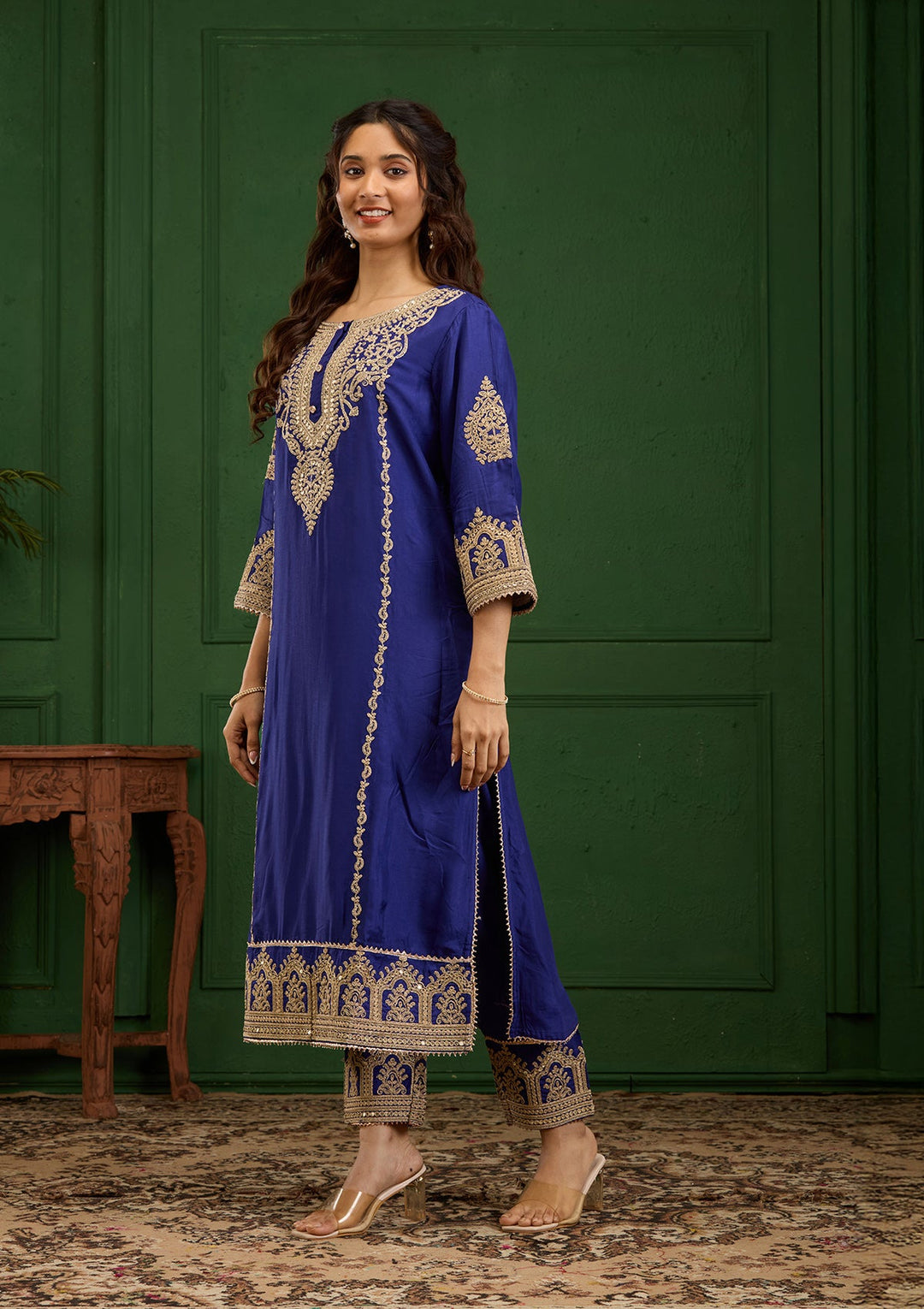 Royal Blue Zariwork Semi Crepe Readymade Salwar Suit-Koskii