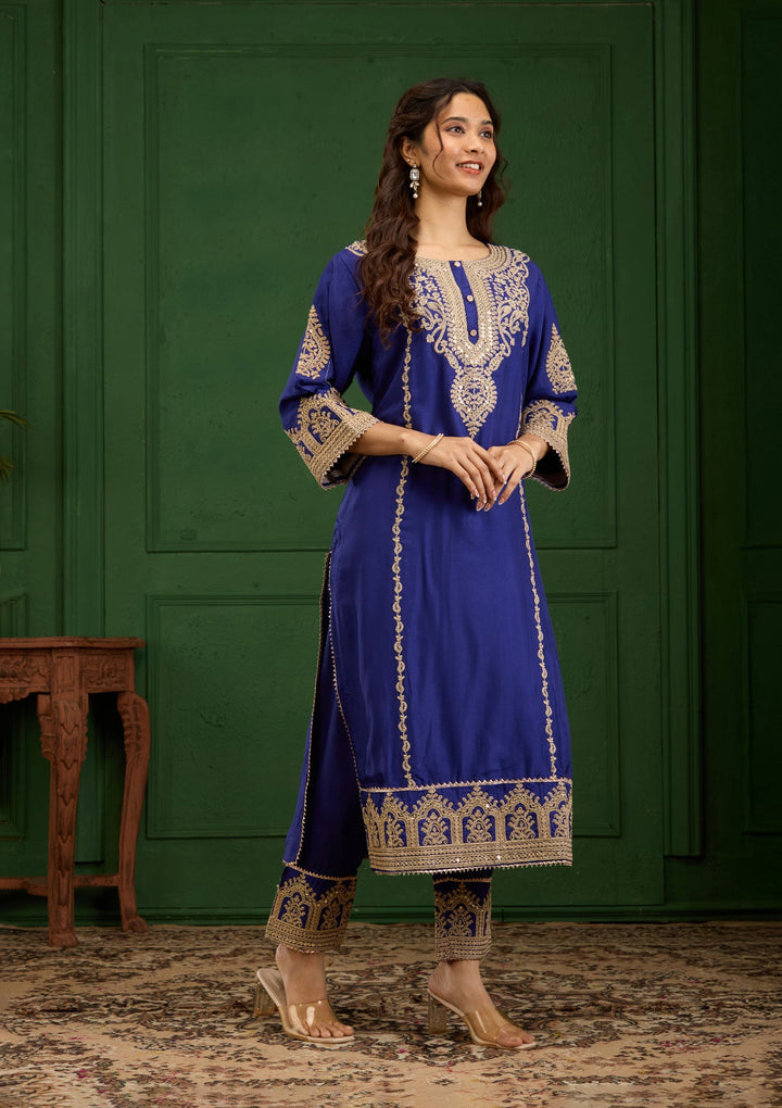 Royal Blue Zariwork Semi Crepe Readymade Salwar Suit-Koskii