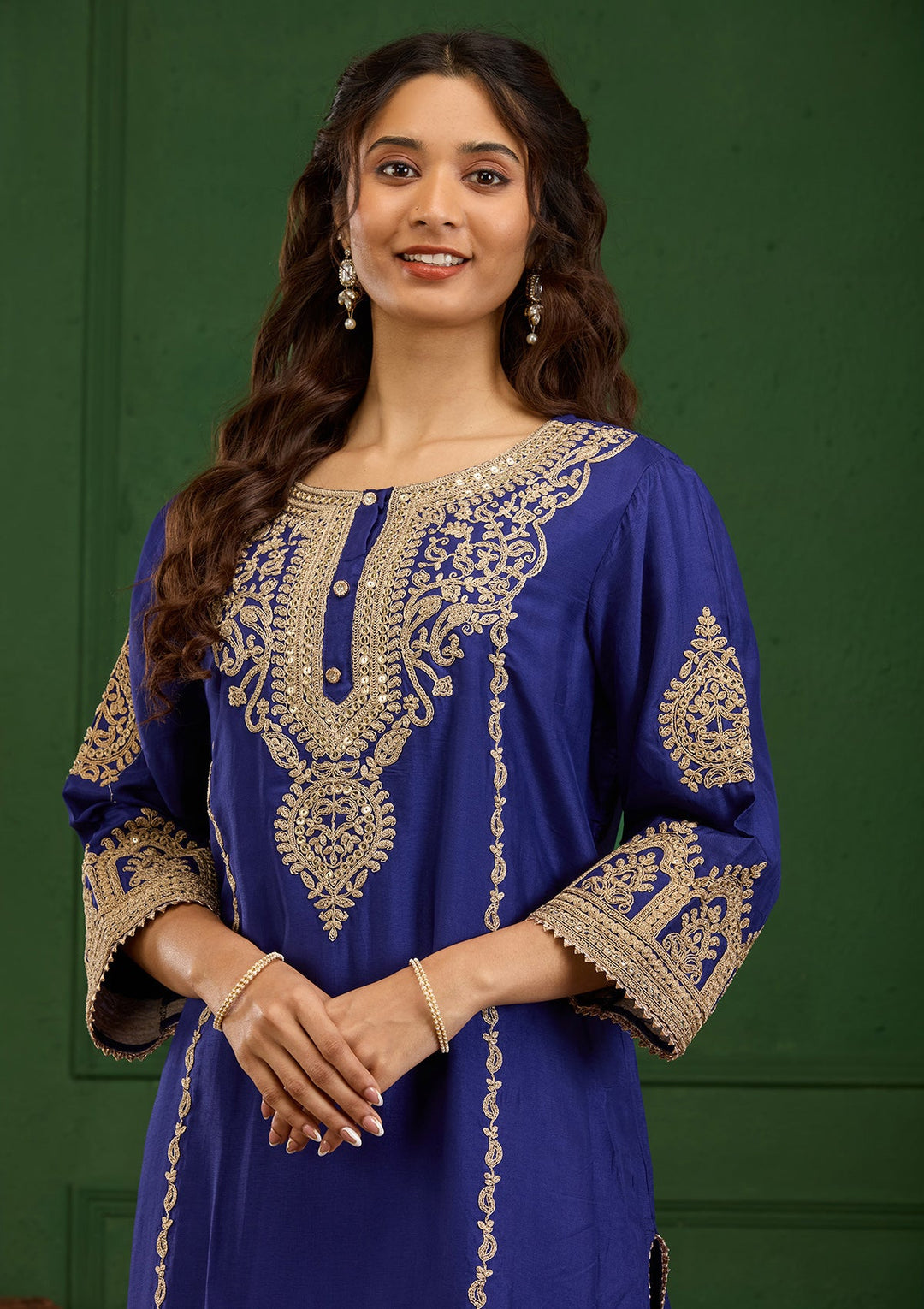 Royal Blue Zariwork Semi Crepe Readymade Salwar Suit-Koskii