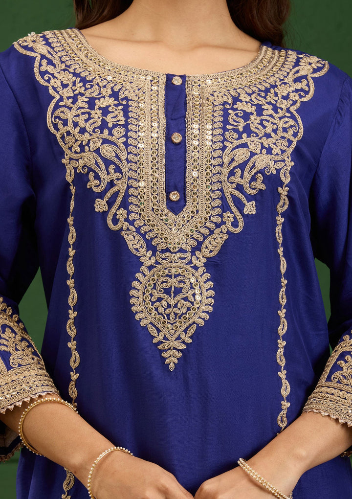 Royal Blue Zariwork Semi Crepe Readymade Salwar Suit-Koskii