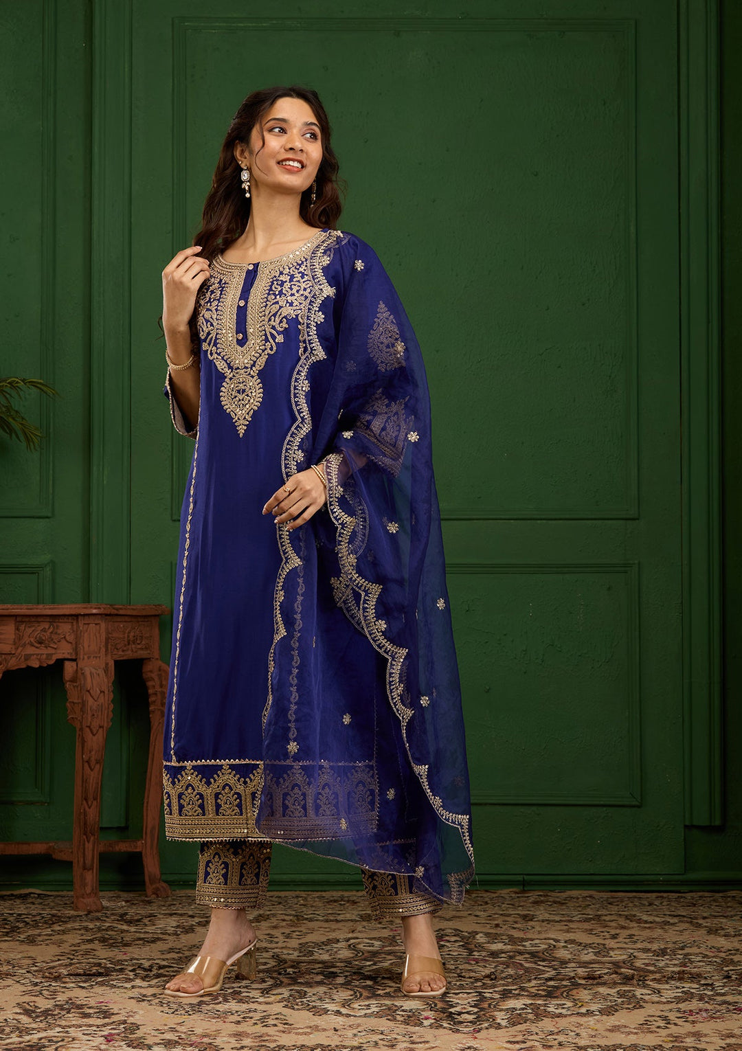 Royal Blue Zariwork Semi Crepe Readymade Salwar Suit-Koskii