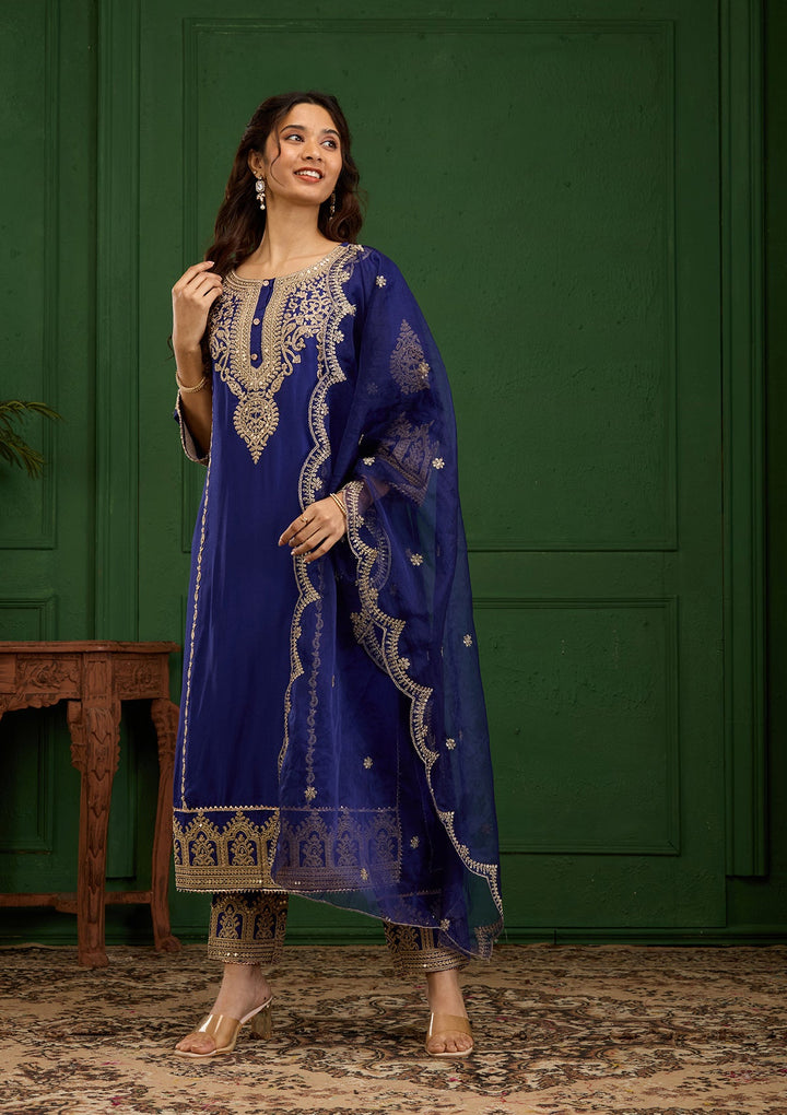 Royal Blue Zariwork Semi Crepe Readymade Salwar Suit-Koskii