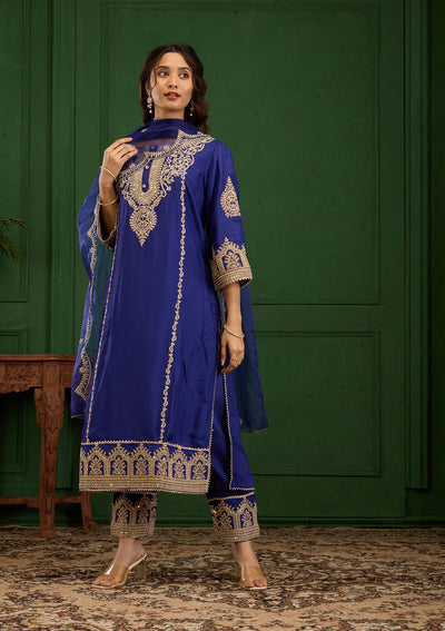 Royal Blue Zariwork Semi Crepe Readymade Salwar Suit-Koskii