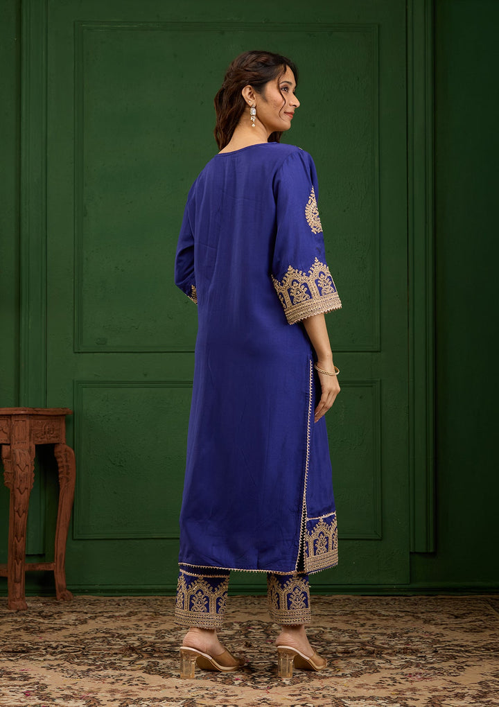 Royal Blue Zariwork Semi Crepe Readymade Salwar Suit-Koskii