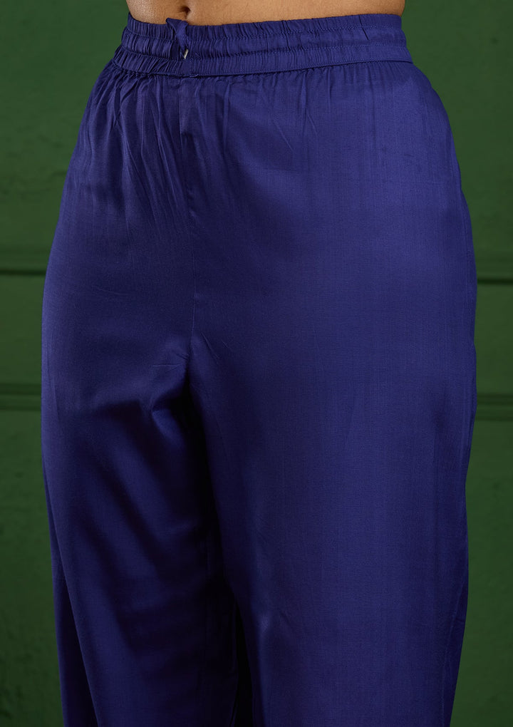 Royal Blue Zariwork Semi Crepe Readymade Salwar Suit-Koskii