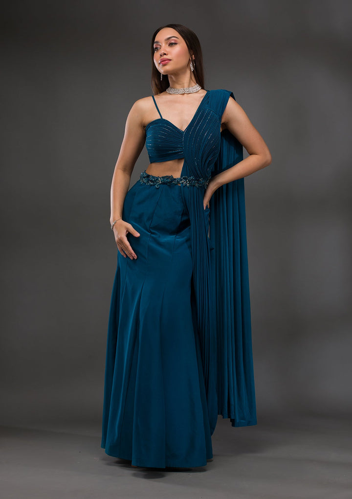 Royal Blue Cutdana Lycra Saree-Koskii