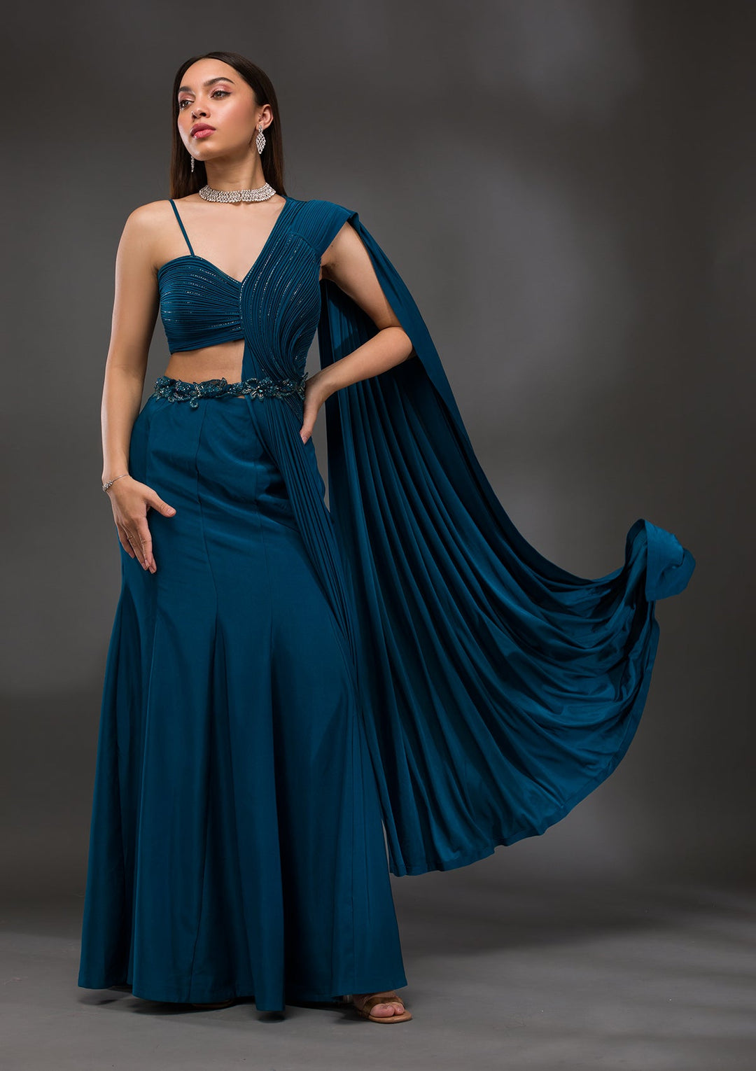 Royal Blue Cutdana Lycra Saree-Koskii