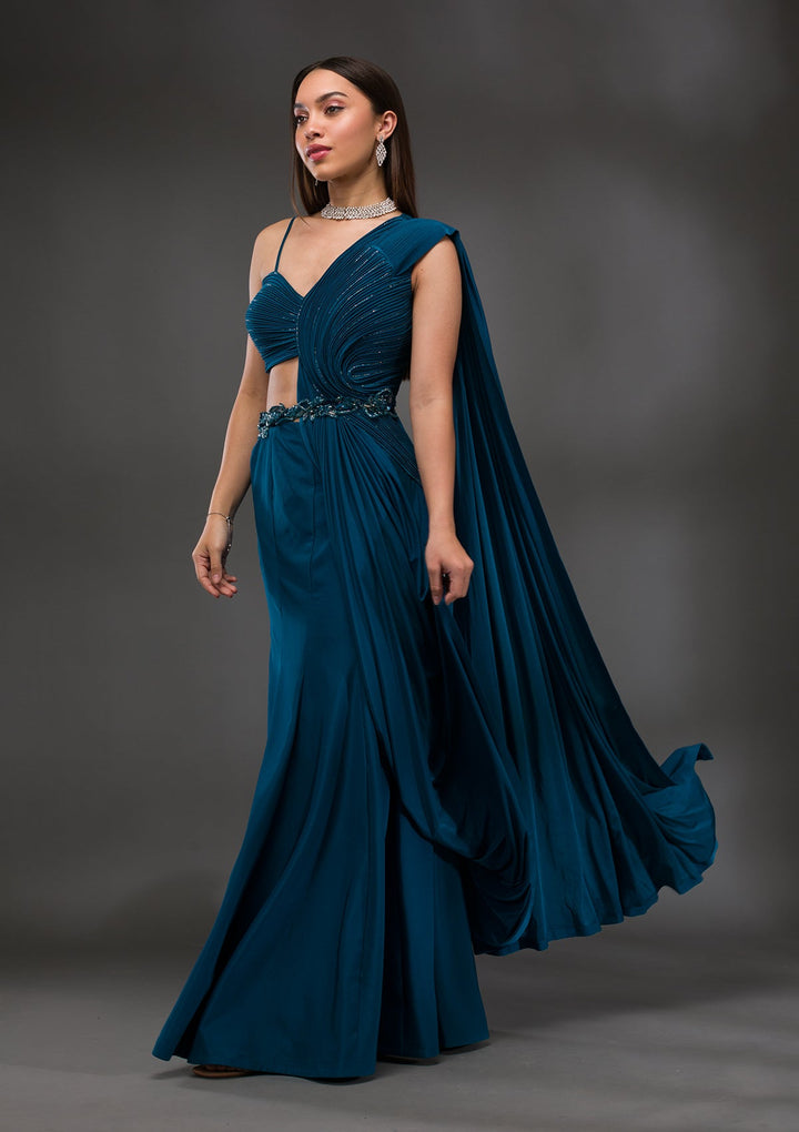 Royal Blue Cutdana Lycra Saree-Koskii
