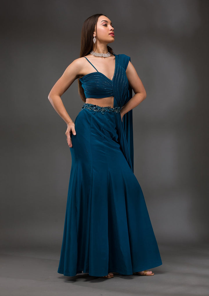 Royal Blue Cutdana Lycra Saree-Koskii