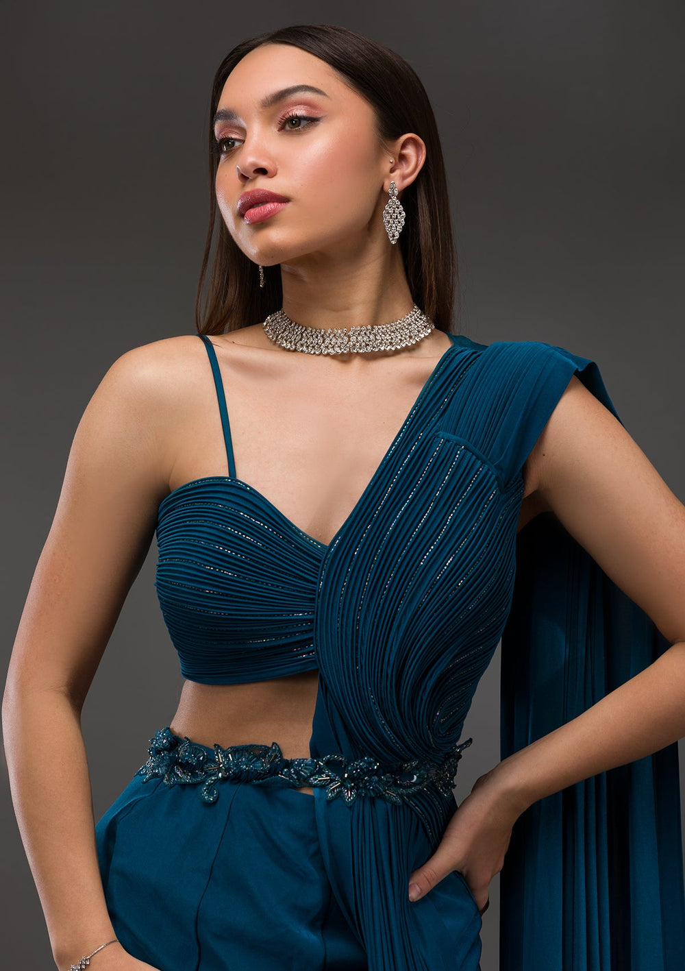 Royal Blue Cutdana Lycra Saree-Koskii