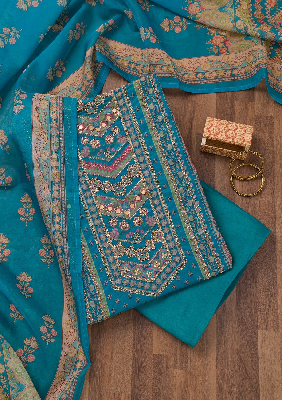 Royal Blue Printed Chanderi Unstitched Salwar Suit-Koskii