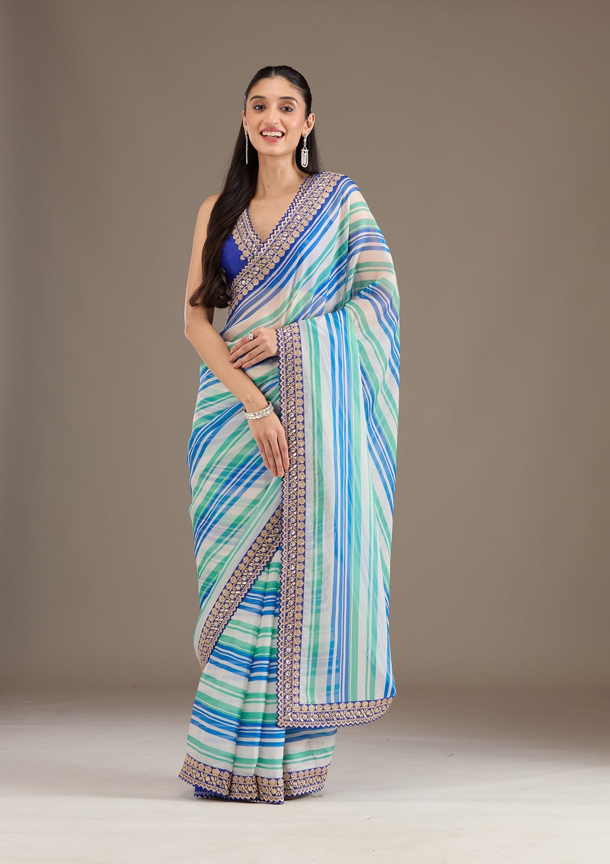 Royal Blue Sequins Tissue Saree-Koskii