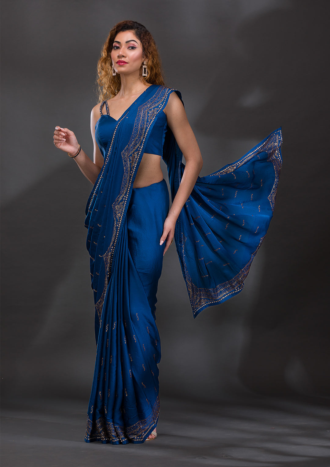 Peacock Blue Swarovski Satin Saree-Koskii