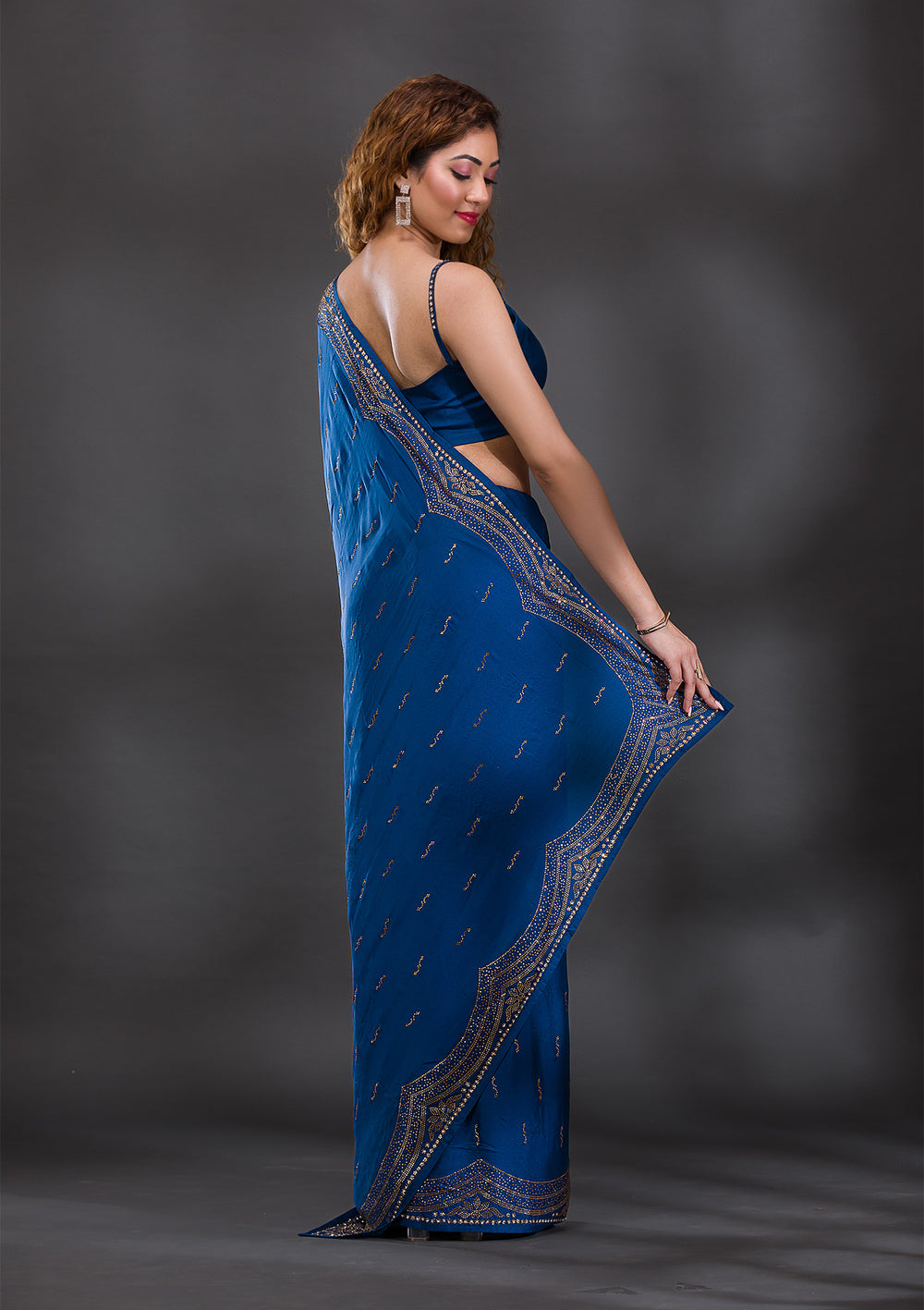 Peacock Blue Swarovski Satin Saree-Koskii