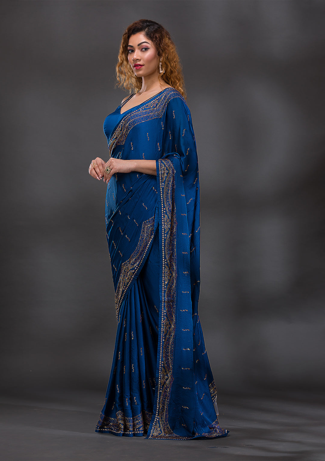 Peacock Blue Swarovski Satin Saree-Koskii