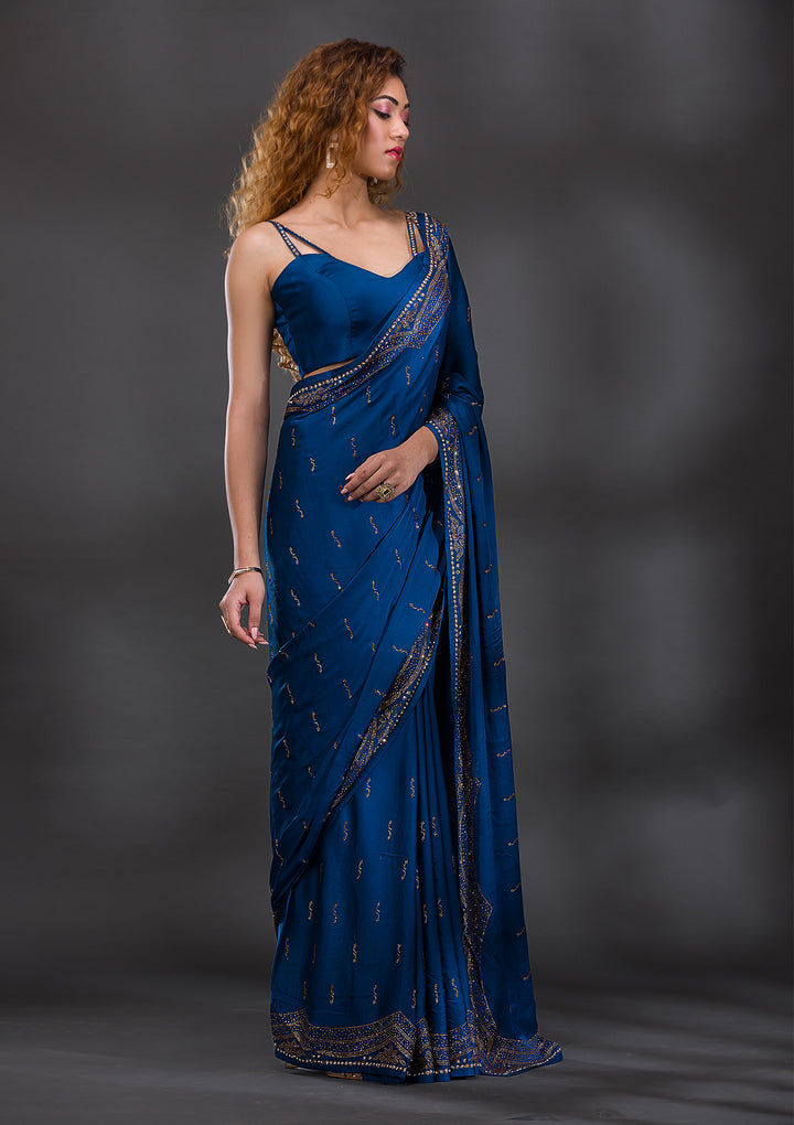 Peacock Blue Swarovski Satin Saree-Koskii