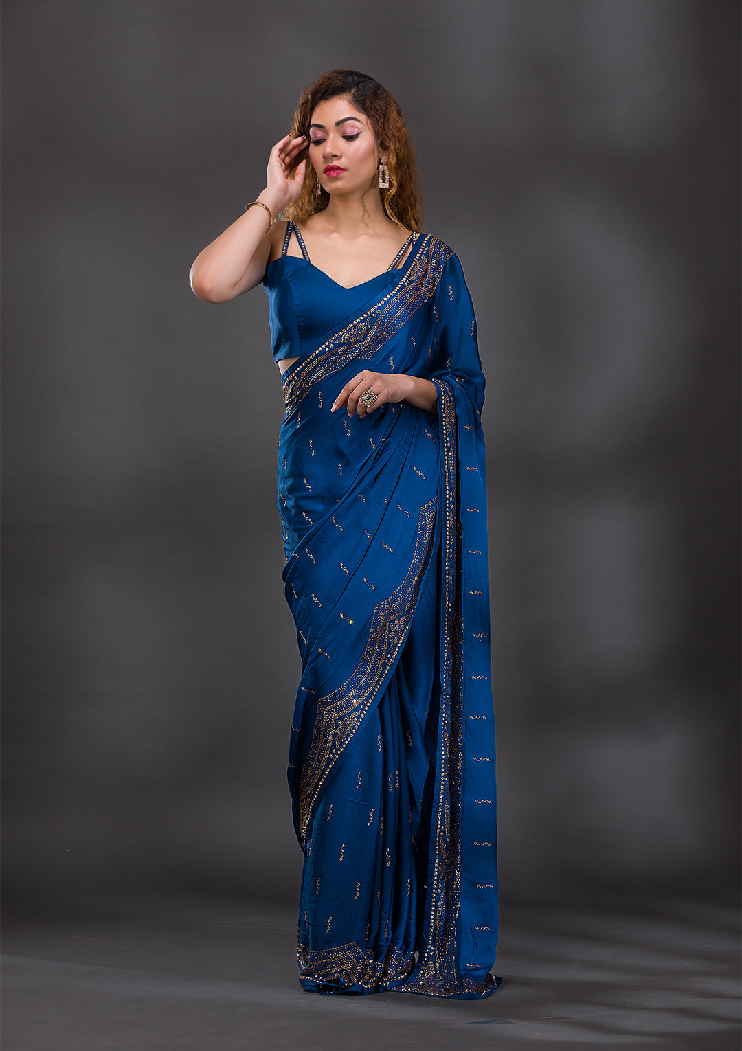 Peacock Blue Swarovski Satin Saree-Koskii