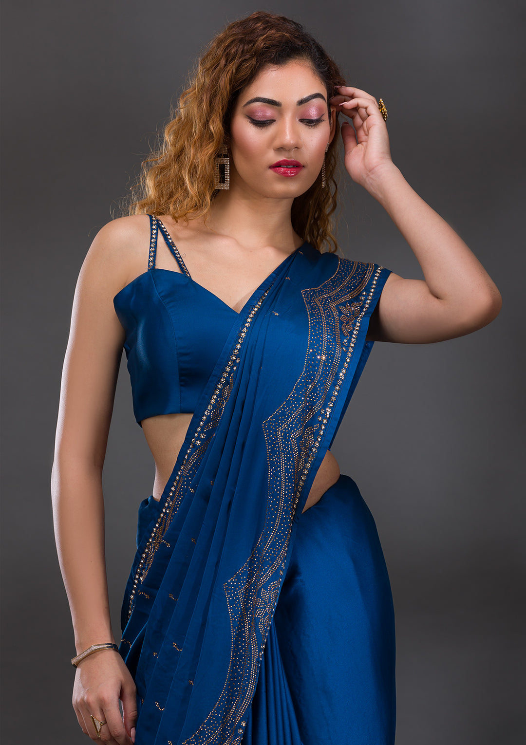 Peacock Blue Swarovski Satin Saree-Koskii