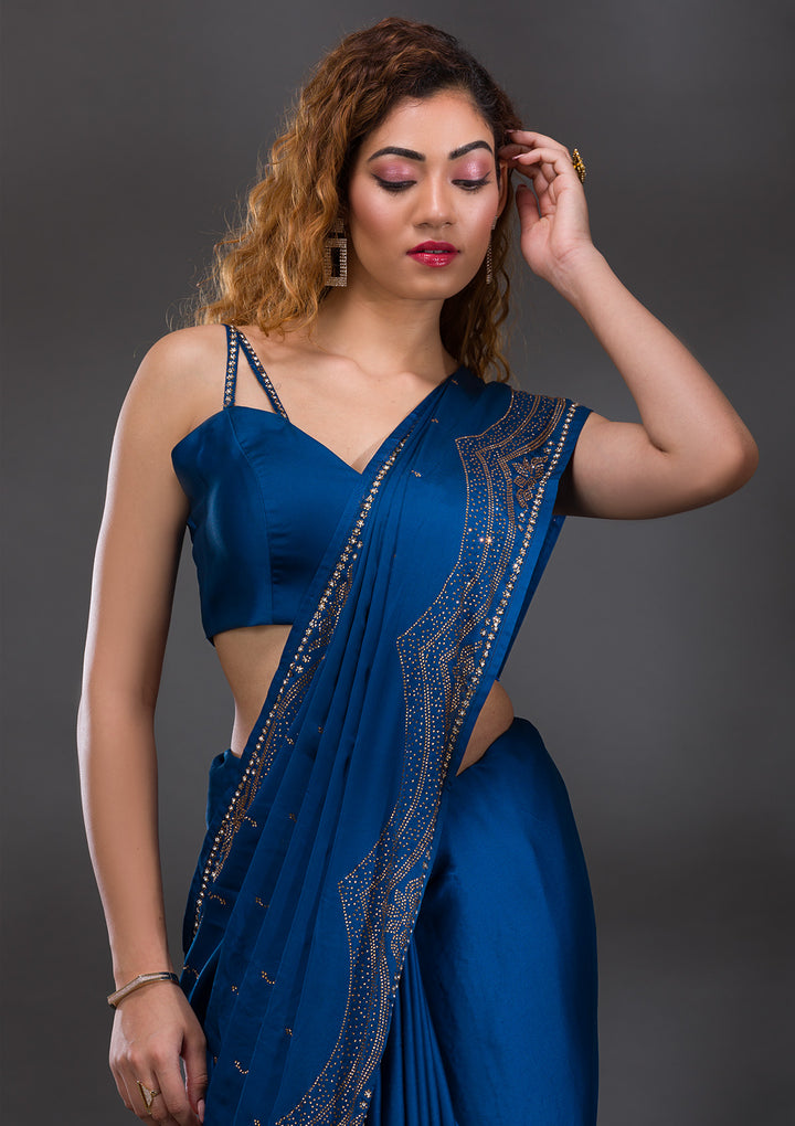 Peacock Blue Swarovski Satin Saree-Koskii