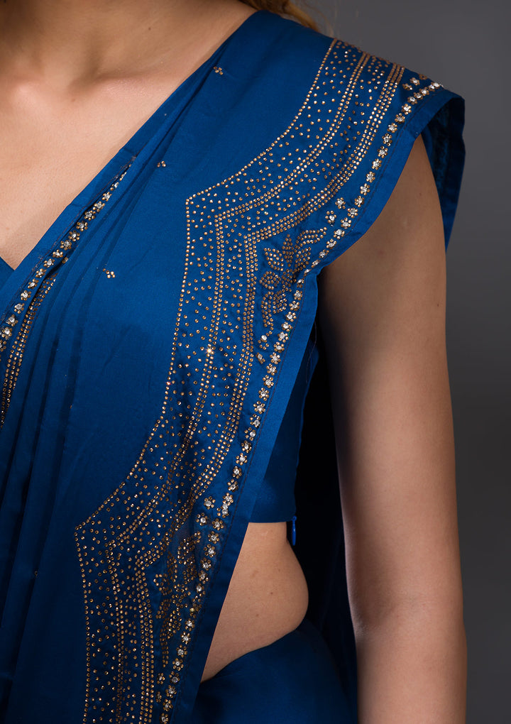 Peacock Blue Swarovski Satin Saree-Koskii