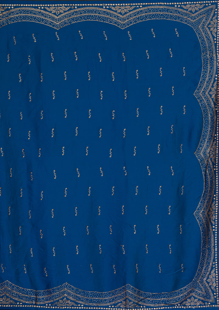 Peacock Blue Swarovski Satin Saree-Koskii