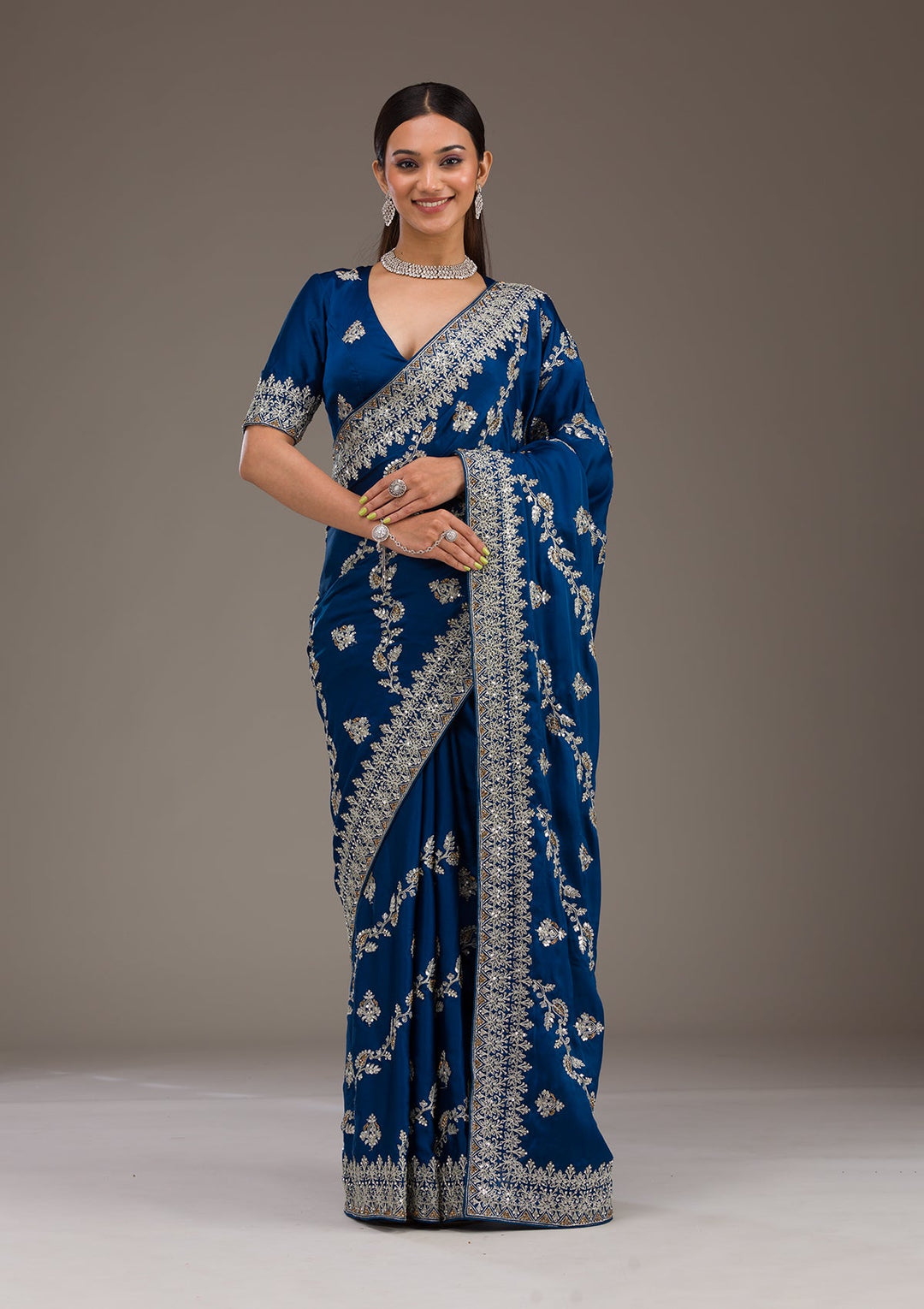 Royal Blue Threadwork Satin Saree-Koskii