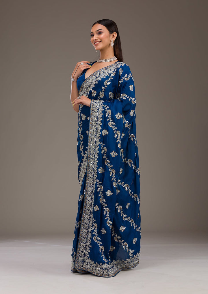 Royal Blue Threadwork Satin Saree-Koskii