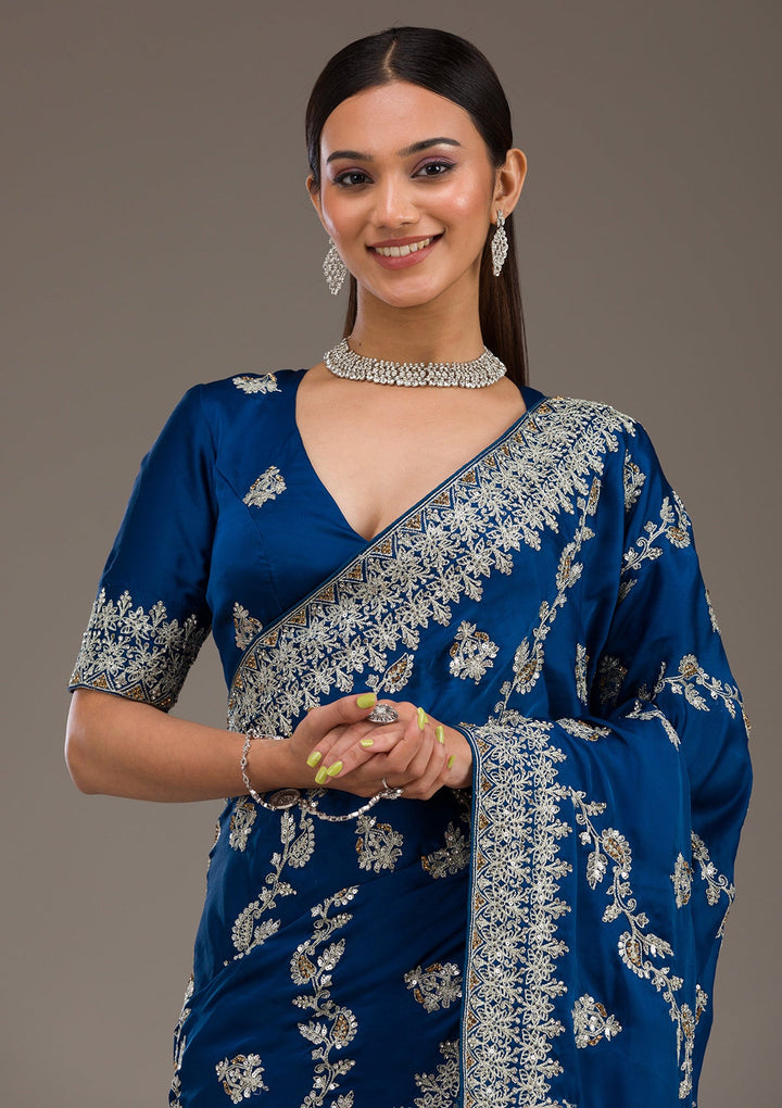 Royal Blue Threadwork Satin Saree-Koskii
