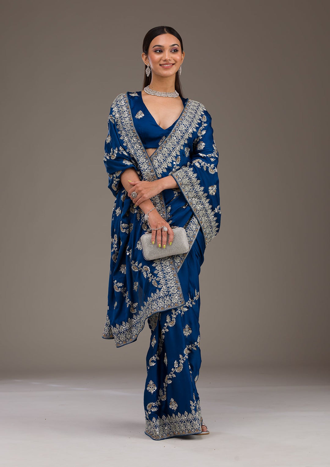 Royal Blue Threadwork Satin Saree-Koskii