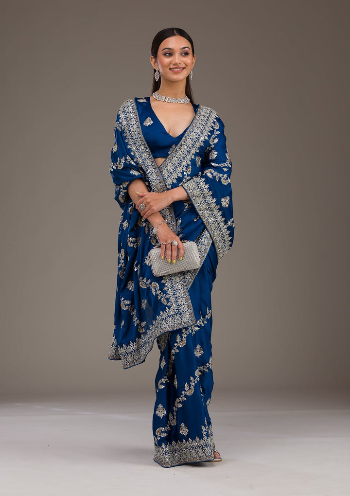 Royal Blue Threadwork Satin Saree-Koskii