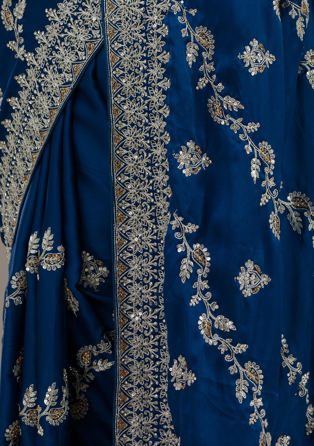 Royal Blue Threadwork Satin Saree-Koskii