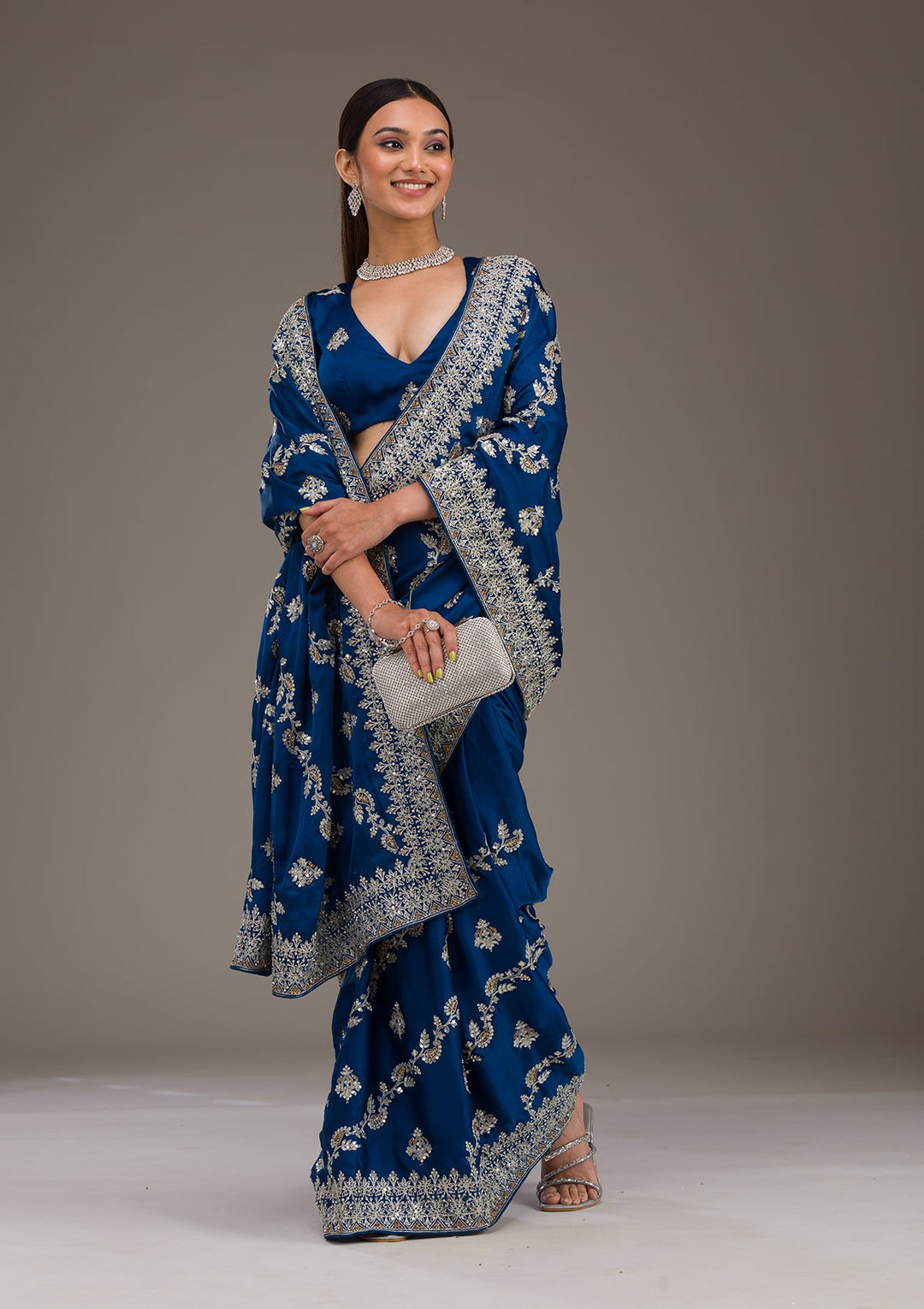 Royal Blue Threadwork Satin Saree-Koskii