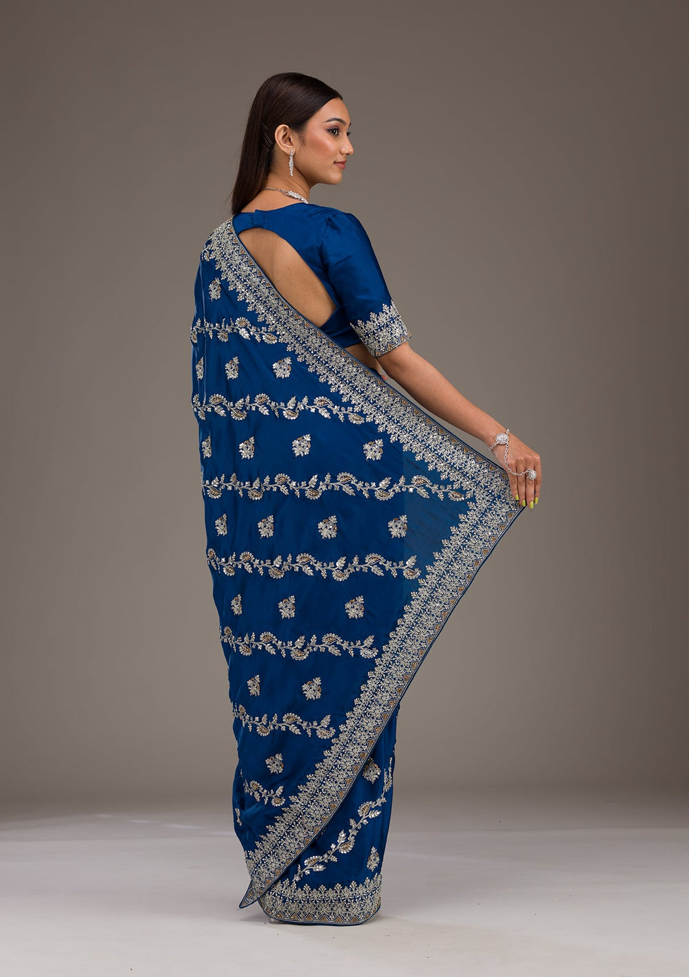 Royal Blue Threadwork Satin Saree-Koskii